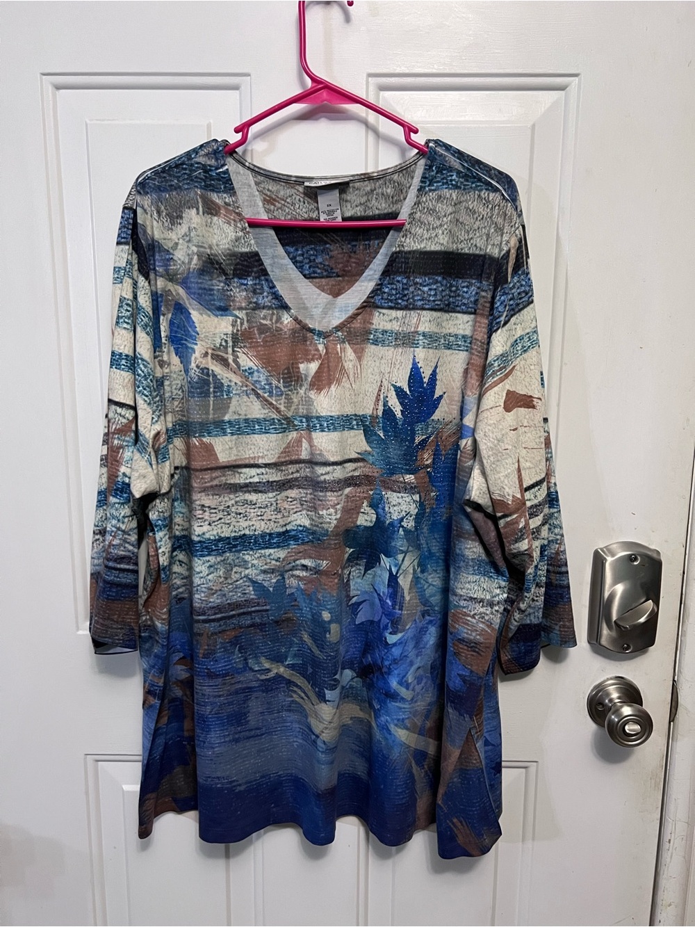 Catherines 3X Blue Brown Abstract Floral Embellished Tunic Top Rhinestones